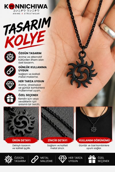 FG KONNİCHİWA Black Spiral Necklace with Sun Motif - Anime Streetwear
