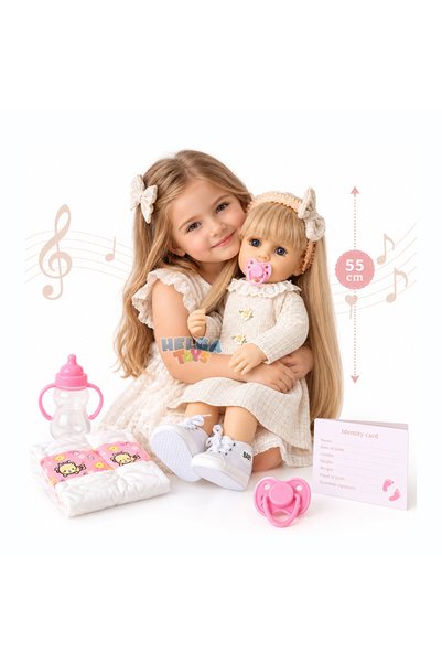 Helga Toys Papusa Reborn interactiva Moly blonda cu tinuta crem- 55 cm