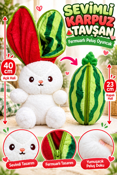 PONİKİDO 40 cm Zipper-Closure Plush Rabbit Toy That Transforms Into Fruits an...