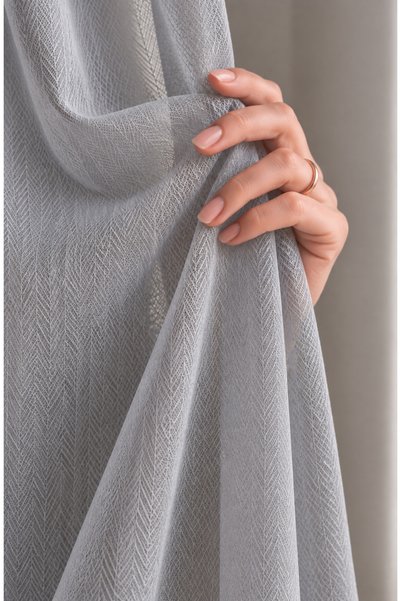 Yuka Gray Textured Herringbone-Patterned Sheer Curtain with Tight Pleats—No I...