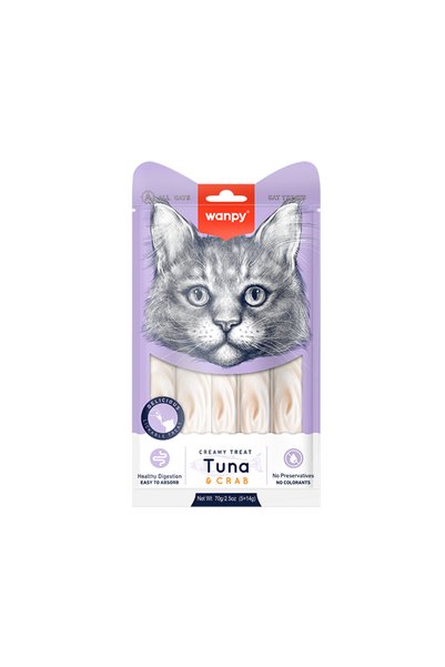 Wanpy Кремообразни лакомства за котки с риба тон и раци, 12 броя (5 x 14 г)