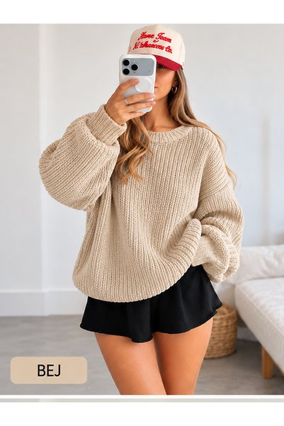 FAVORİST Women's Oversized Crew Neck Chunky-Knit Sweater ZS-11