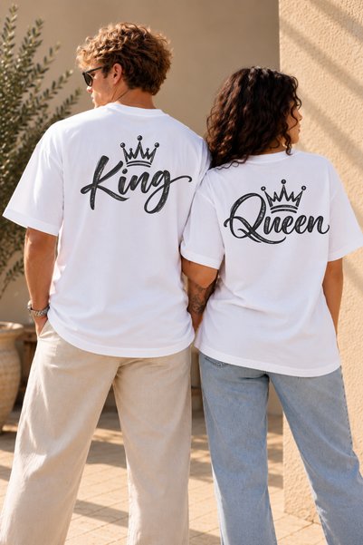 King Queen Sevgili Tişört 2'li Çift Kombini Sırt Baskılı Oversize Unisex Sevgililer Günü Hediyesi