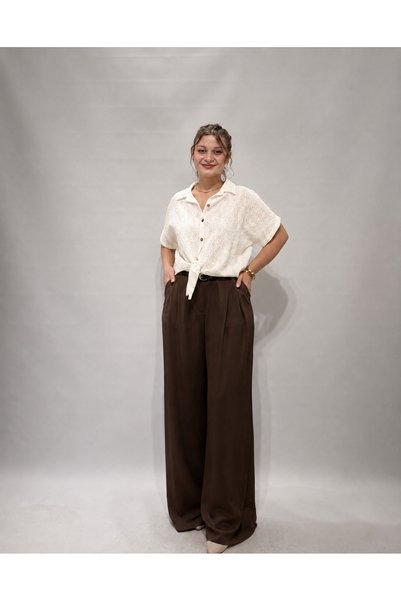 Kahverengi Pileli Palazzo Pantolon