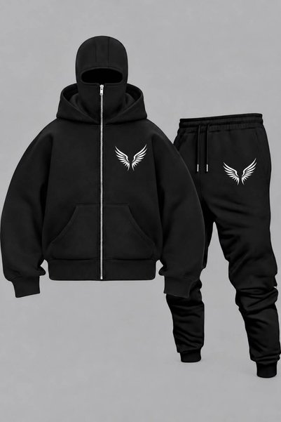 LAND MODA Oversized Unisex Hooded Sweatsuit with Zipper and Mask – Black