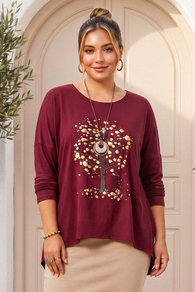 Chiccy Italian Burgundy Pool Neck Long-Sleeve Wood-Print Oversized Knit Blous...