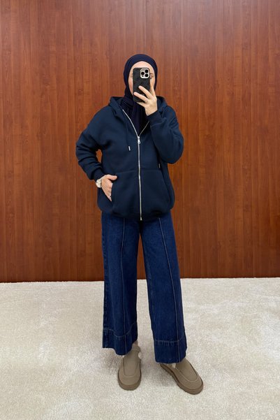 Melike Tatar Three-Thread Zipper Cardigan with Brushed Inside 102-2763
