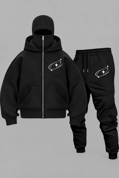 LAND MODA Oversized Unisex Hooded Sweatsuit with Zipper and Mask – Black