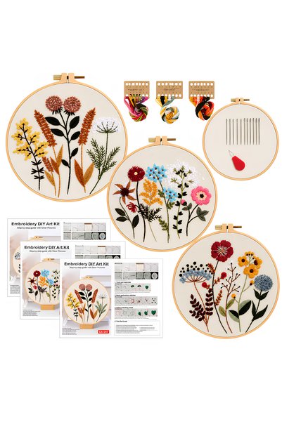 NEVERMORE Kit Broderie pentru Incepatori, Set 3 Bucati, Modele Flori, Cercuri...