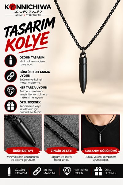 FG KONNİCHİWA Black-Tip Necklace, Minimal Gothic Chain Necklace – Gothic Stre...