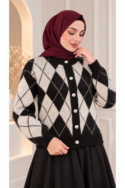 EBRUTESETTÜR Short Knitted Cardigan with Diamond Patterned Buttons, Black