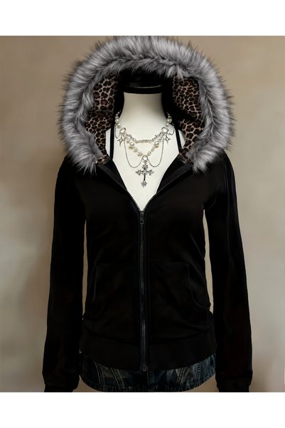 Toum Black Slim-Fit Zip-Up Cardigan with Leopard-Print Details and a Fur-Trim...