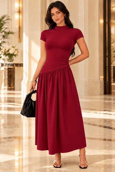 Deafox Weinrotes, kurzärmeliges Kleid aus Sandy-Stoff mit asymmetrischem Schn...