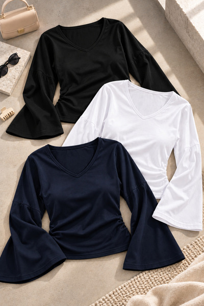 COMBİNE MİCHAİL Women's Raglan-Sleeve Thick-Textured Cropped Top Set of 3