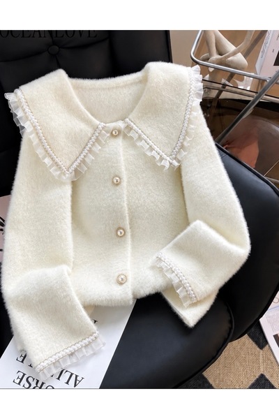 NATUFIAN STORE كارديغان تريكو سادة للنساء بحواف مزينة بالتول وذات حواف مزخرفة