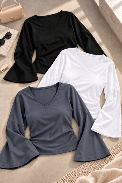 COMBİNE MİCHAİL Women's Raglan-Sleeve Thick-Textured Cropped Top Set of 3