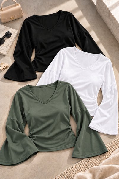 COMBİNE MİCHAİL Women's Raglan-Sleeve Thick-Textured Cropped Top Set of 3