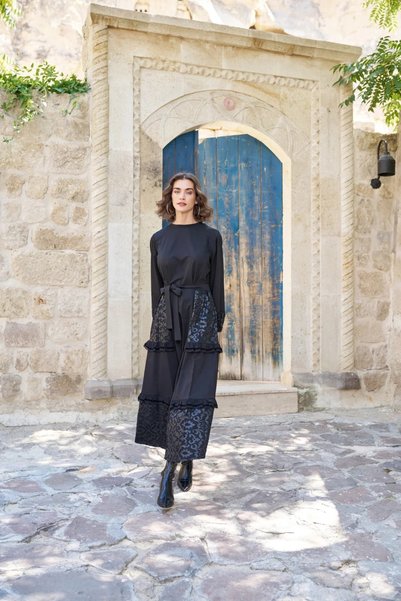 MissWhence 40840 Black Dress with Jacquard Pattern, Ruffle Detail, and Belted...
