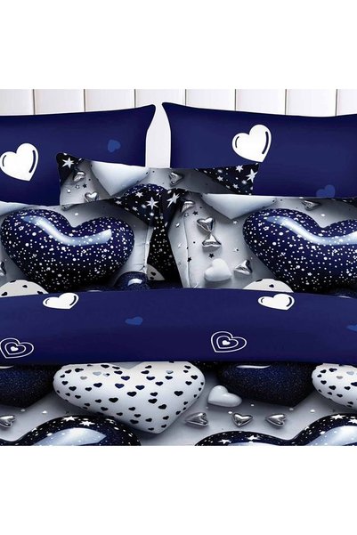OEM Duvet Cover Set with shiny navy blue hearts and silver hearts, 6 pieces f...