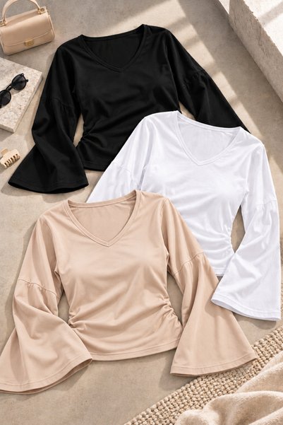 COMBİNE MİCHAİL Women's Raglan-Sleeve Thick-Textured Cropped Top Set of 3