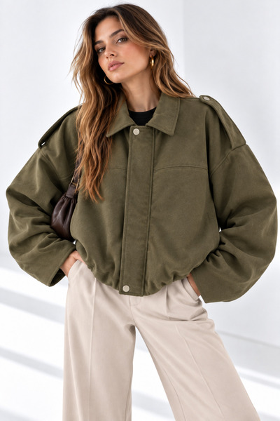 WILD BEE Women's Khaki Suede-Lined Oversized Bomber Jacket
