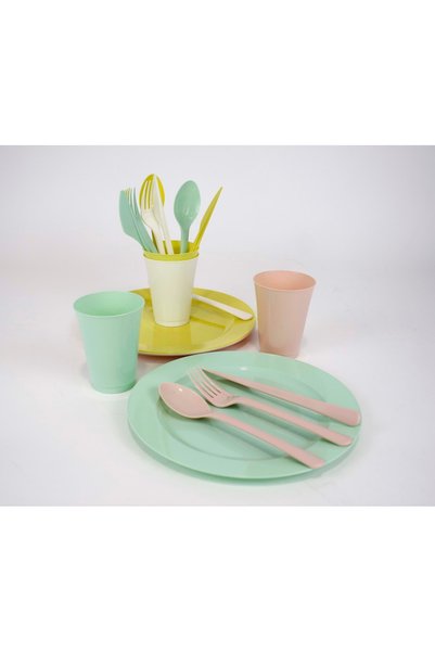 Dem Set picnic pentru 4 persoane, din plastic, cu farfurii, pahare și tacâmur...