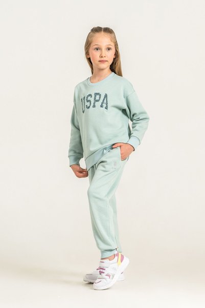 U.S. Polo Assn. طقم بدلة رياضية سوداء مطرزة بأكمام طويلة للفتيات US2723-C-V3