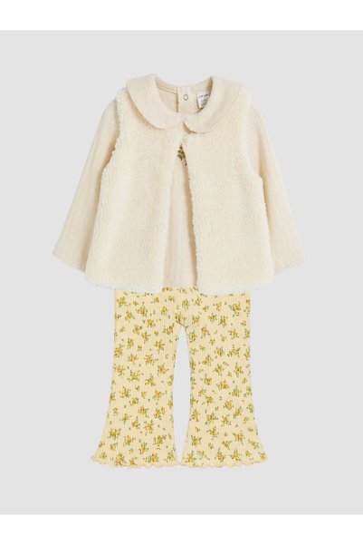 LC Waikiki Nevavm Farkıyla Lcw Baby Ecru Floral Baby Girl 3-Piece Set
