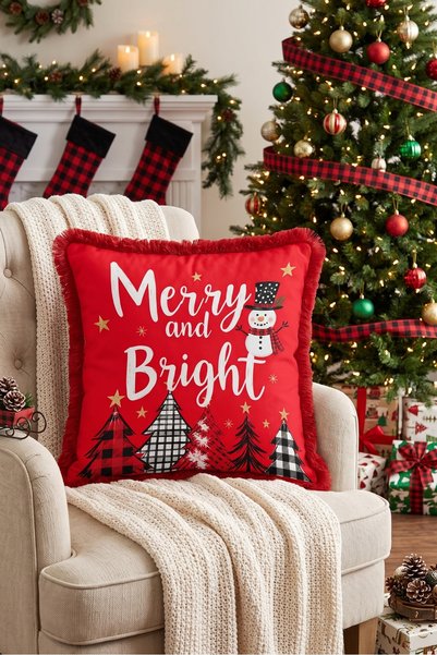 Evimde Bambaşka غطاء وسادة مزين بشراشيب بنقوش «Merry And Bright» لعيد الميلاد...