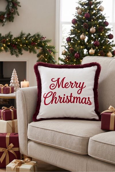 Evimde Bambaşka Merry Christmas and New Year's Decoration: Tasseled Cushion C...