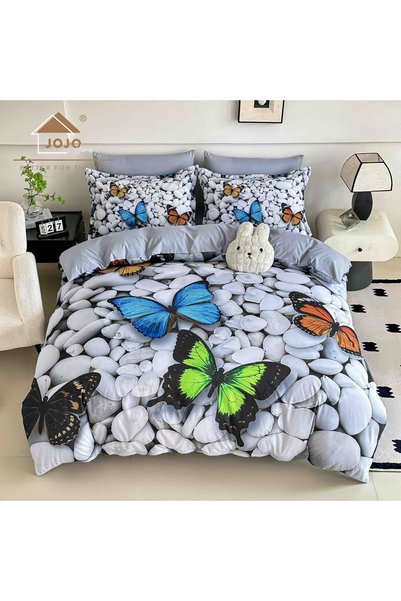 Pucioasa Set de lenjerie de pat din bumbac fin 5D cu elastic, gri cu fluturi ...