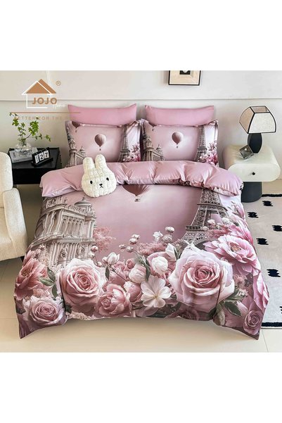 Pucioasa Set de lenjerie de pat din bumbac fin 5D cu elastic, roz cu trandafi...