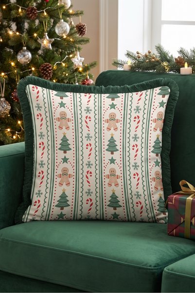 Evimde Bambaşka Cream-Colored Cookie New Year's Decoration Tasseled Cushion C...