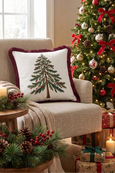 Evimde Bambaşka Green Fir Tree New Year's Patterned Tasseled Cushion Cover—Ne...