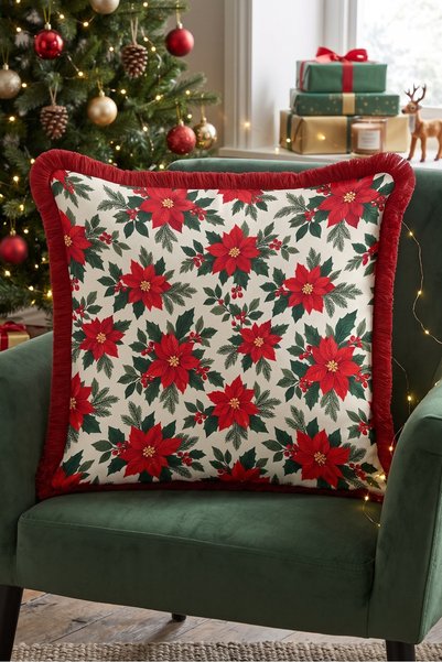 Evimde Bambaşka Cream-Colored Christmas Flower Tasseled New Year's Pillowcase...
