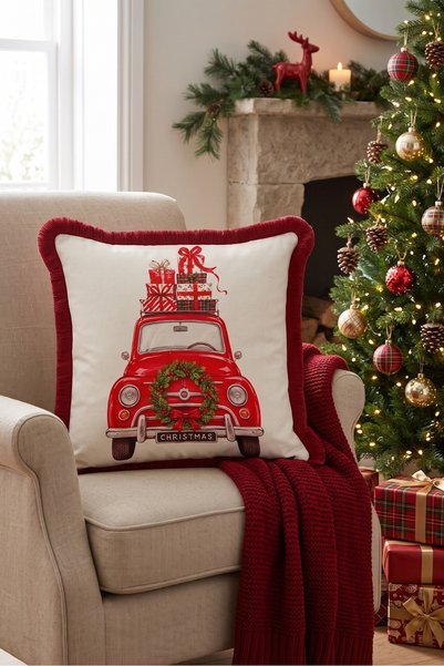Evimde Bambaşka Car-Shaped Cream New Year's Decoration Cushion Cover with Tas...