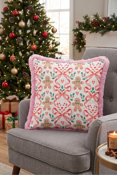 Evimde Bambaşka White Cookie Man New Year's Patterned Tasseled Cushion Cover ...
