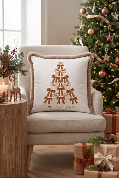 Evimde Bambaşka Merry Christmas Cream-Colored New Year's Patterned Tasseled C...