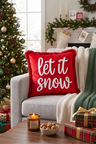 Evimde Bambaşka غطاء وسادة «Let It Snow» بنقشة عيد الميلاد البيضاء ومزود بشرا...