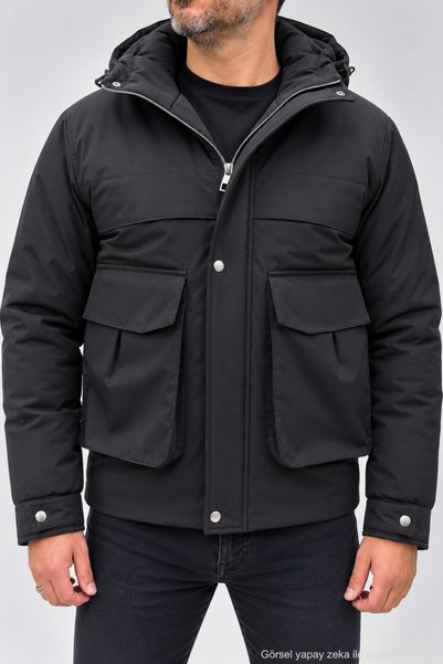 Polo State Men's Hooded Winter Jacket with Zipper and Zippered Pockets, Black
