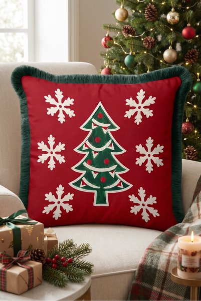 Evimde Bambaşka Red Pine Tree Christmas-Themed Tasseled Cushion Cover—New Yea...
