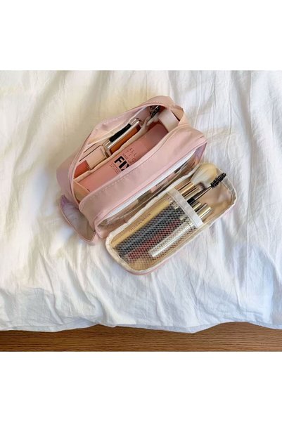 Choice Pink Double Layer Cosmetic Bag Nylon Travel Makeup Organizer Large Cap...
