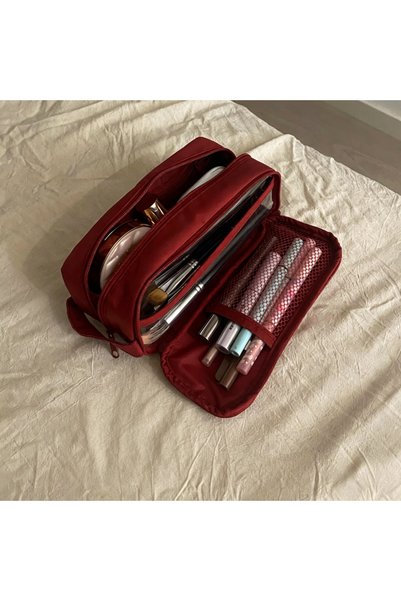 Choice Red Double Layer Cosmetic Bag Nylon Travel Makeup Organizer Large Capa...