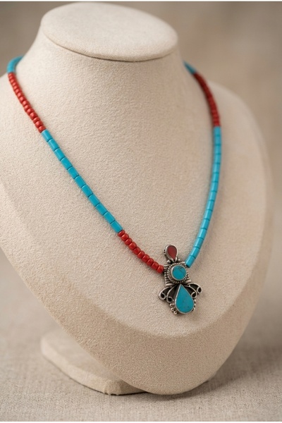ZGNOVA Handmade Necklace with Natural Turquoise Stones and a Nepalese Tip—Spe...