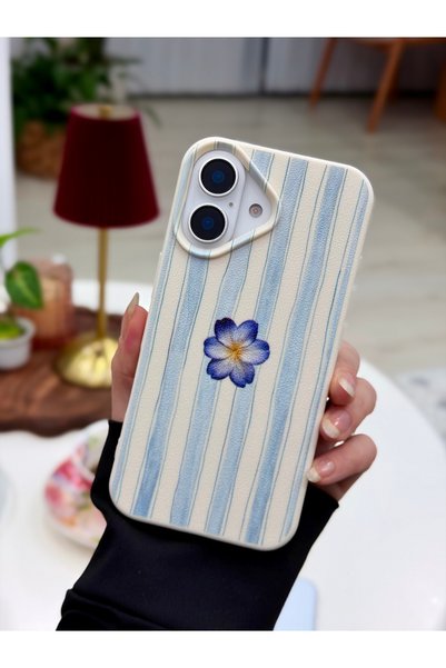 Go Aksesuar Iphone 16 Uyumlu Çizgili MAVİ ÇİÇEK Tasarımlı Esnek Silikon Kılıf