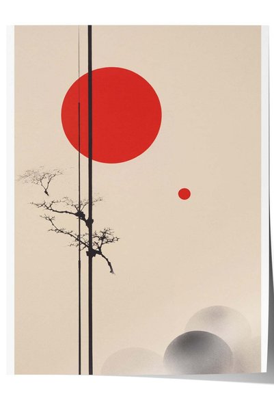 Postifull Minimalist Kırmızı Güneş ve Ağaç Çerçevesiz Poster NO:160681