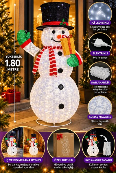 CHANCE GİFT 180 cm LED-Lit New Year's Snowman Decoration—Foldable, Electric, ...