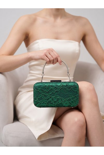 Biçanta Green Lace Women's Evening Clutch Bag with a Strappy Handle, Chain St...