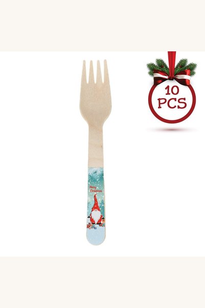Comerivo Set 10 furculițe din lemn de Crăciun, cu model gnome, 16 cm