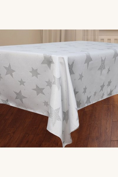 Comerivo Față de masă decorativă de Crăciun, argintie, cu stele reliefate, 24...